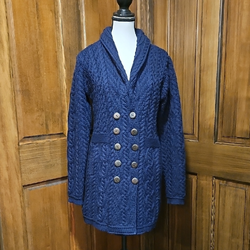 Aran Crafts 100% Merino Wool Button Up Cable Knit Double Busted Dark Blue Sz XS